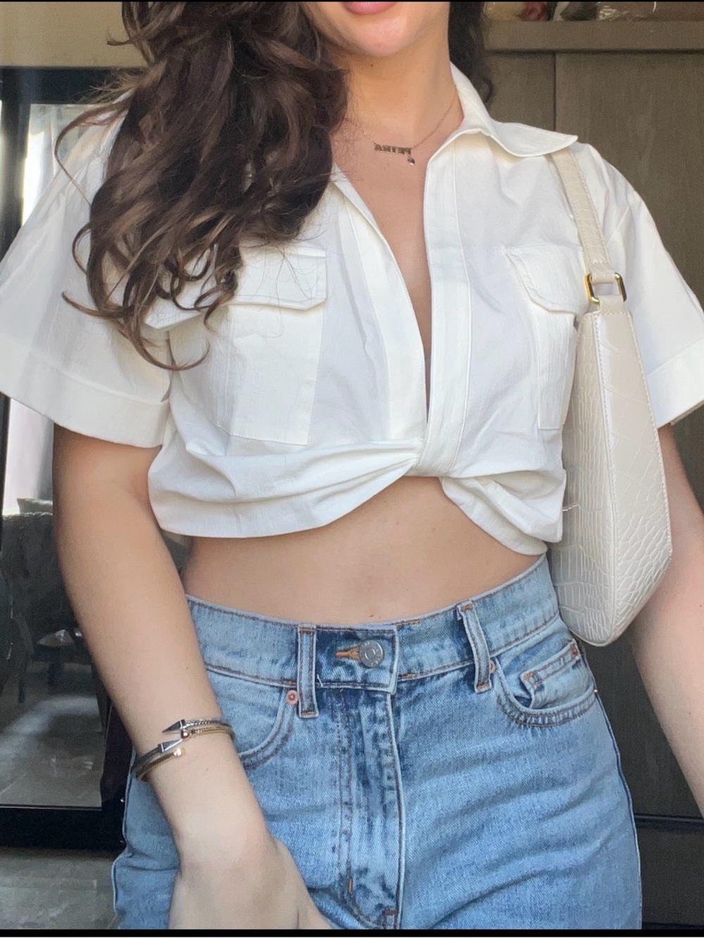 Zara White Cropped Twist-Front Shirt